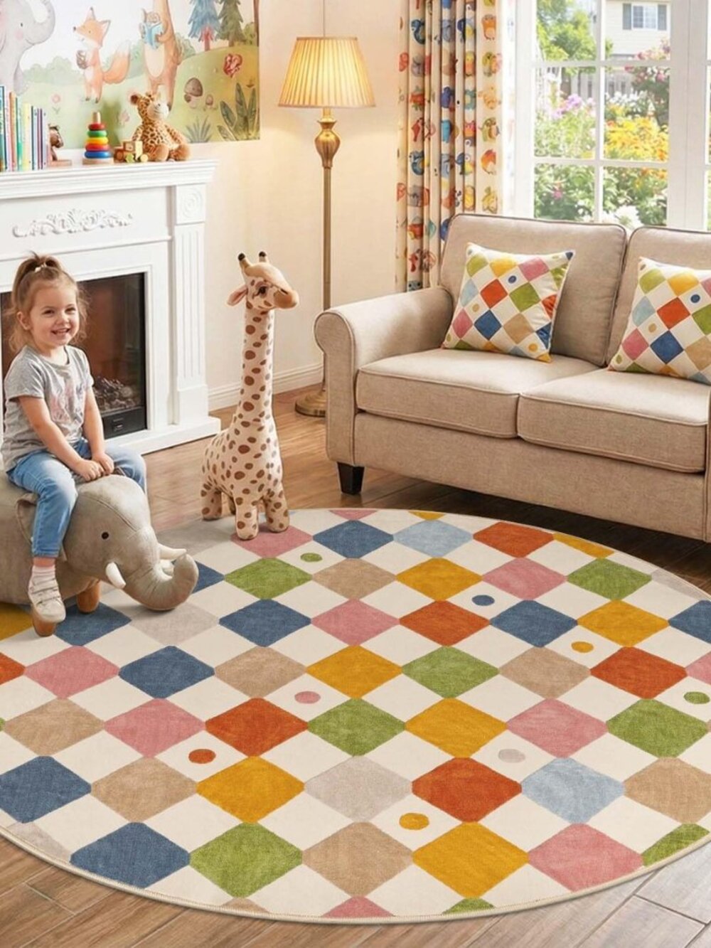 6ft Kids Round Rug Washable Colorful Checkered Classroom Rug - Picture 3 of 8